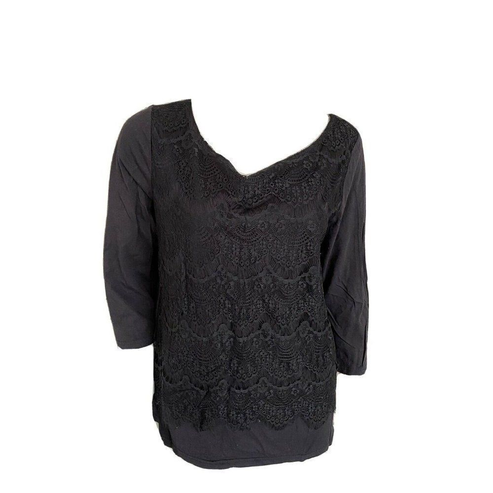 Garnet Hill Black Lace Front Blouse Floral 3/4 Sleeve Top Size Large